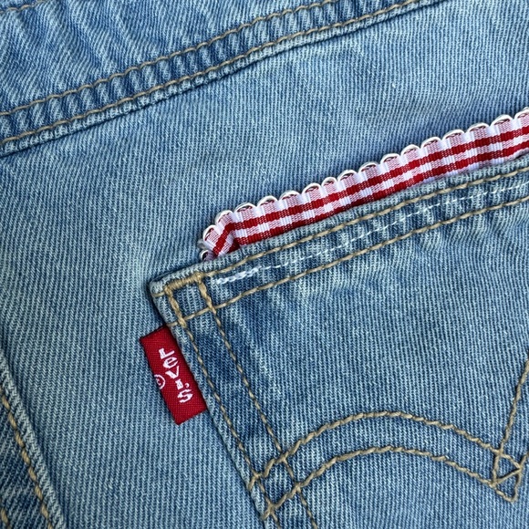 Levi's Customized Blue Overalls with Hand-sewn Red and White Strawberry Details - Picture 10 of 16